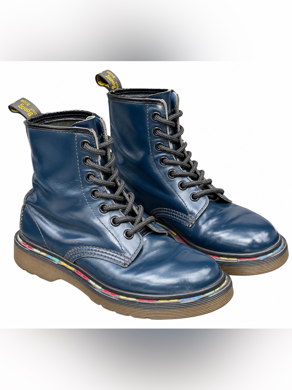 Vintage Dr Martens Made in England 1460 Navy Blue Rainbow Stitch Boots US 6